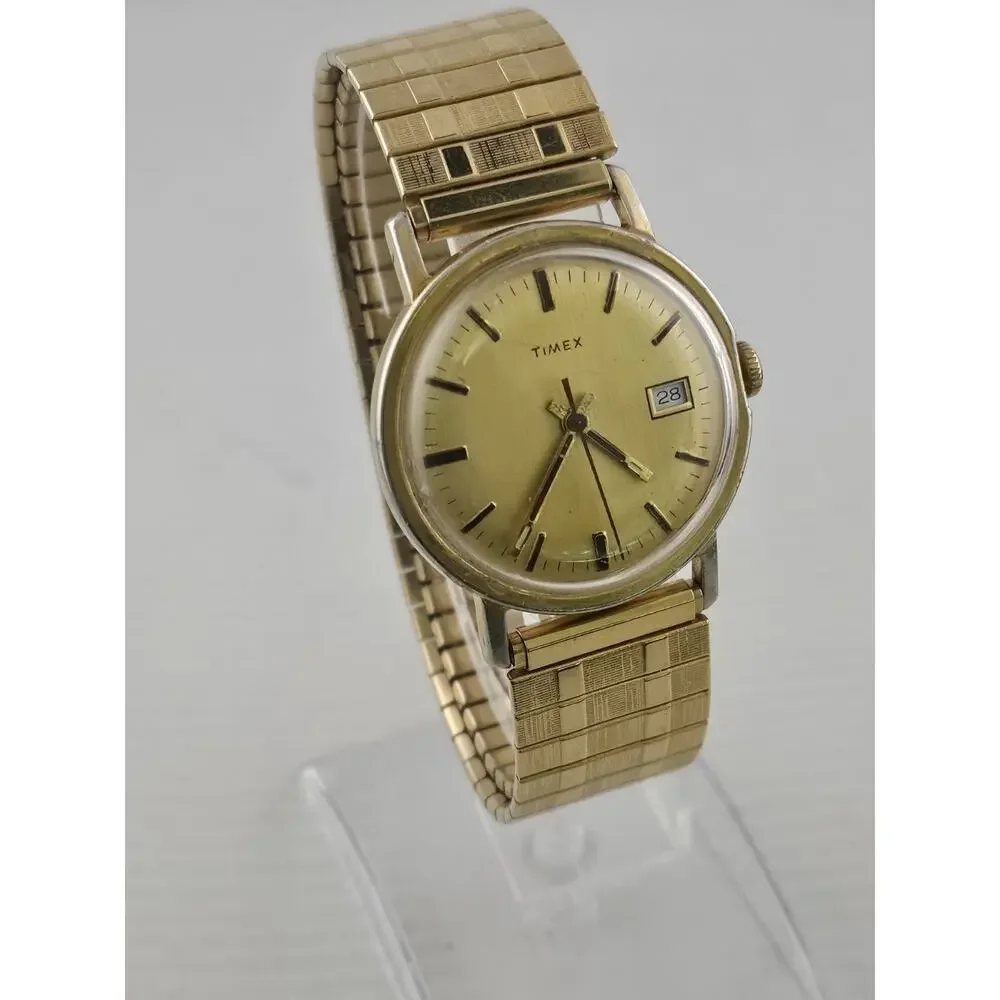 Mens Vintage 1977 Timex Manual Wind Watch Rare Gold Dial New Band Runs